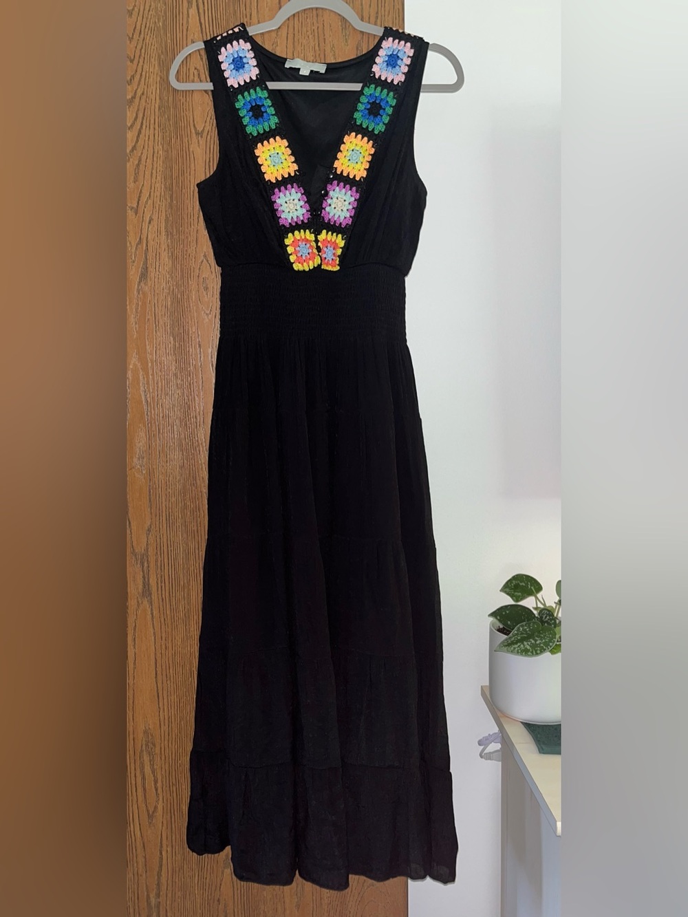 NWOT J Gee Gauze Maxi Dress with Colorful Crochet Squares M